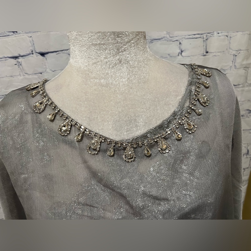 Ignite Evenings Embelished Mesh Asymetrical Cape gown silver/grey $180.00 12 - Picture 11 of 16